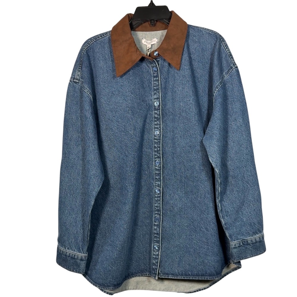 Gianni Bini x Sydney Silverman Size Large Woven Anya Denim Shirt Suede Collar